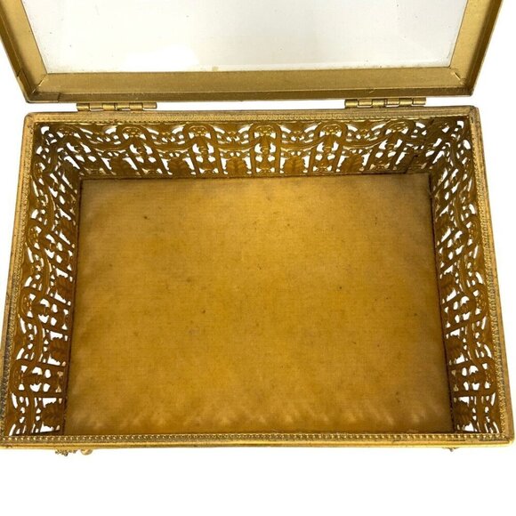 Globe 24kt Gold Plated Jewelry Trinket Box Ornate Filigree Gilt Glamour Vanity - Picture 6 of 8